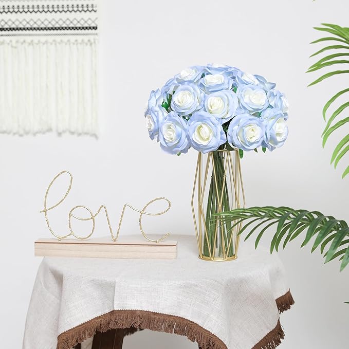 Nubry Artificial Silk Rose Flower Bouquet Lifelike Fake Rose for Wedding Home Party Decoration Event Gift 10pcs (Gradient Light Blue)