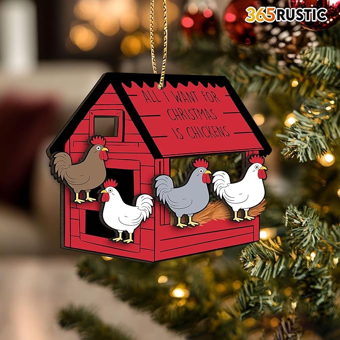 Chicken Ornament for Christmas Tree, Wooden Coop Farm Decor, All I Want for Christmas is Chickens Wooden Farmhouse Gift for Farm Lovers 2025