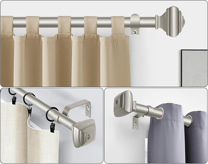 Decorative Antique Silver Curtain Rods for Windows 72 to 144 Inches(6-12ft), USFOOK 7/8 Inch Long Curtain Rod 32 to 144 Inches, Heavy Duty Single Drapery Rods, Square End