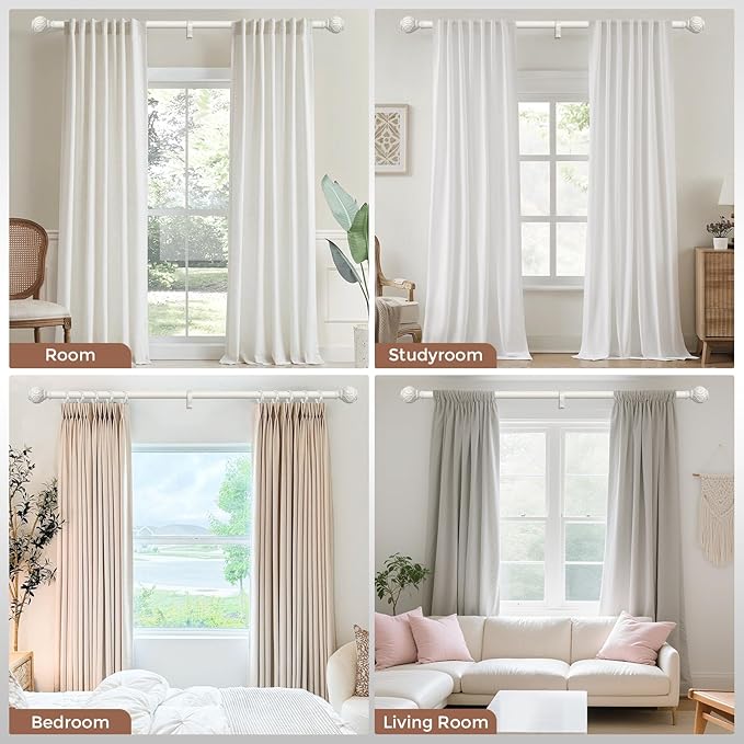 Antique White Curtain Rods for Windows 66 to 120 Inch, Adjustable Vintage Decorative 1'' Long Heavy Duty Curtain Rod, Rustic Farmhouse Drapery Pole Set with Boho Netted Texture Flower Finials