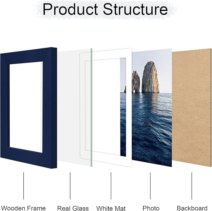 5x7 Picture Frame Set of 2, 5 x 7 Wood Photo Frames with Mat for 4x6, Natural Wooden Frame with Real Glass Cover for Wall and Tabletop Display,Blue