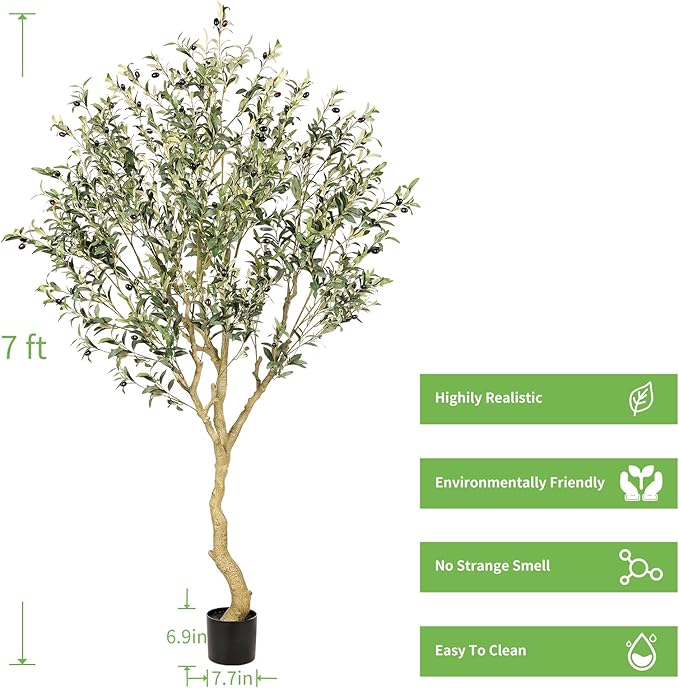 Realead 7FT Olive Trees Artificial Indoor - Tall Faux Olive Tree 7 Feet with Realistic Leaves and Natural Wood Trunk - Potted Fake Olive Tree for Modern Home Office Living Room Floor Decor Indoor