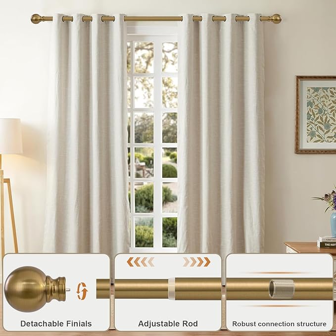 Warm Gold Curtain Rods for Windows Small 28 to 48 Inch 1" Diameter Short Adjustable Heavy Duty Antique Brass Metal Decorative with Finials Vintage Brushed Bronze for Living Room Bedroom Kitchen