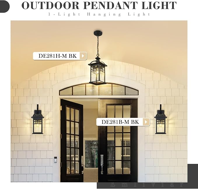 Emliviar 20 Inch Outdoor Pendant Light for Porch, Outdoor Chandelier for Porch, Die-Cast Aluminum with Seeded Glass, Black Finish, DE281H-M BK
