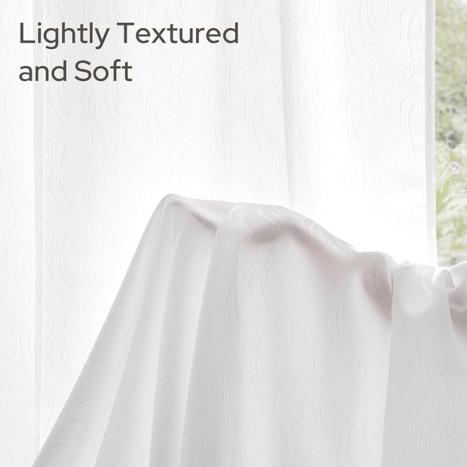 HOMEIDEAS White Semi Sheer Curtains 63 Inches Long, Light Filtering Privacy Sheer Non-See-Through Curtains Wave Jacquard Drapes for Living Room Modern Farmhouse Bedroom Decor, 52 X 63 Inch, 2 Panels