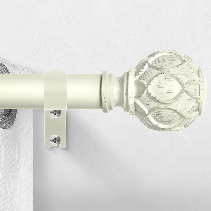 White Curtain Rods for Windows:Farmhouse Boho Decorative Curtain Rod for Bedroom Living Room,Heavy Duty Adjustable Rustic Drapery Rods with Vintage Coastal Texture Finials,Antique White 66-120"