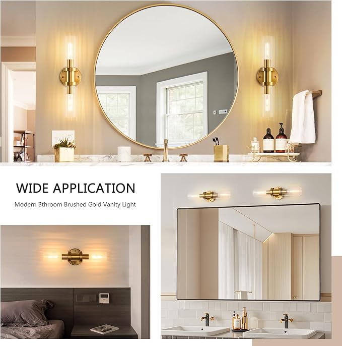 Gold Wall Sconces Set of Two, 18.2 inch Brushed Gold Vanity Light with Stripped Glass Shade, Indoor Wall Lights for Mirror, Bathroom, Kitchen, Living Room（2 Pack）