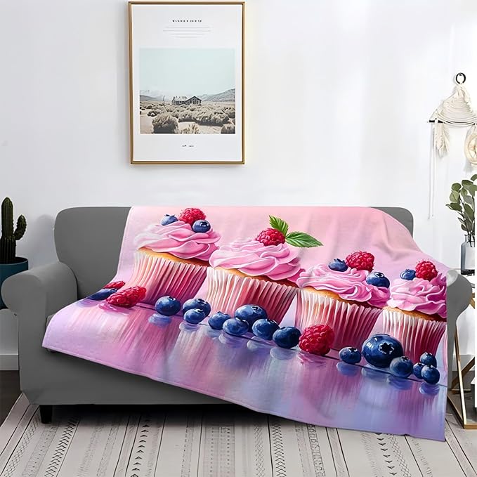 Tijuboni Pink Cupcakes Throw Blanket Dessert Gifts for Girls Women Boys Men Kids Adults Soft Flannel Fleece Blanket for Couch Sofa Bed Home Decor 50"x60"