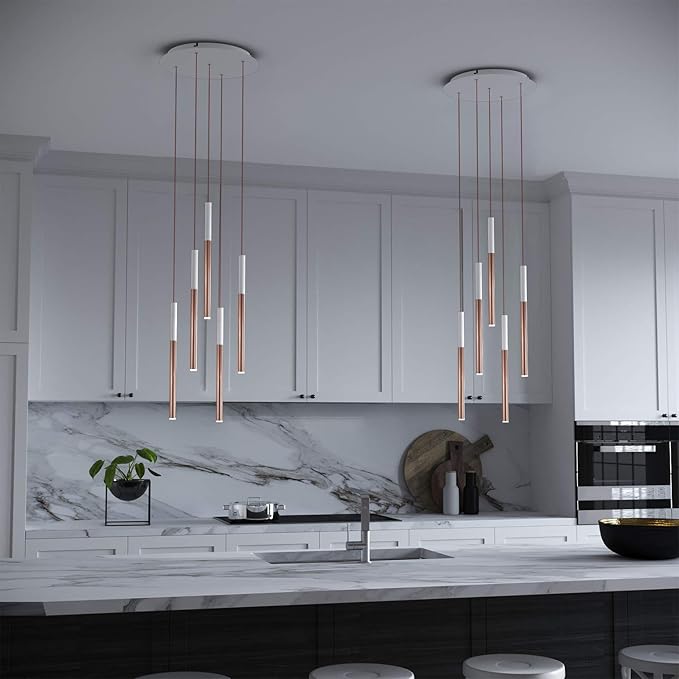 ALTAIR 5 Mini Pendant Lighting White-Copper - LED Hanging Light Fixture for Kitchen Island, Bar, Foyer - Cluster Pendants - Dimmable, Adjustable Wire, Lamp Bulb Included