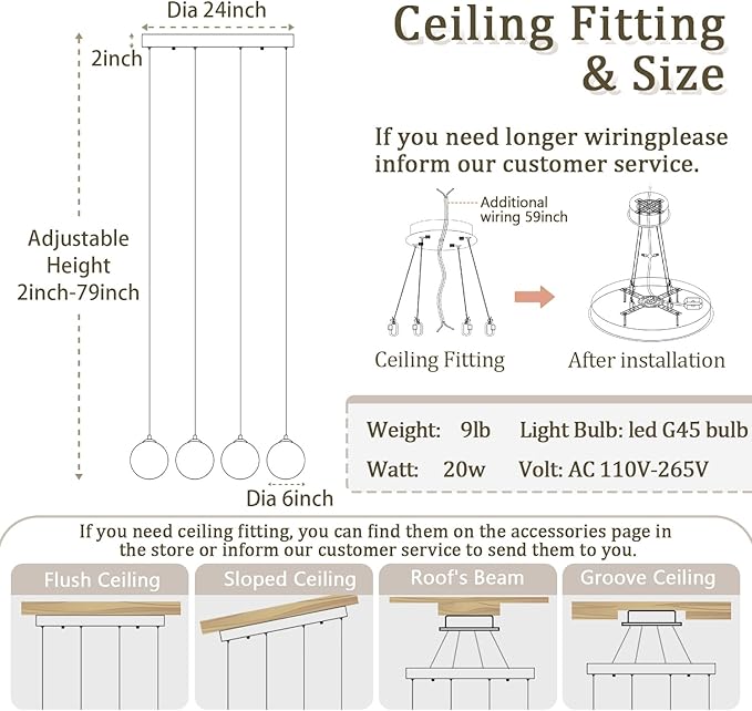 Modern Kitchen Island Lighting Linear Chandeliers for Dining Room 4-Light Glass Globe Hanging Pendant Light Rectangular Chandeliers for Living Room Hallway Bedroom