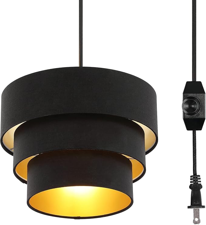 Plug in Pendant Light, Hanging Light Fabric Shade, Pendant Light Fixture for Bedroom, Kitchen, Living Room, Dining Table (Black)