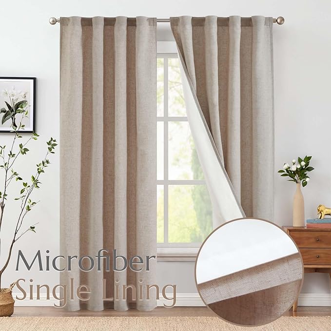 jinchan Linen Curtains with Privacy Lining 90 Inch Length Taupe Brown Farmhouse Closet Lined Drapes for Small Narrow Window Bedroom Living Room Bay Window 2 Panels Rod Pocket Back Tab