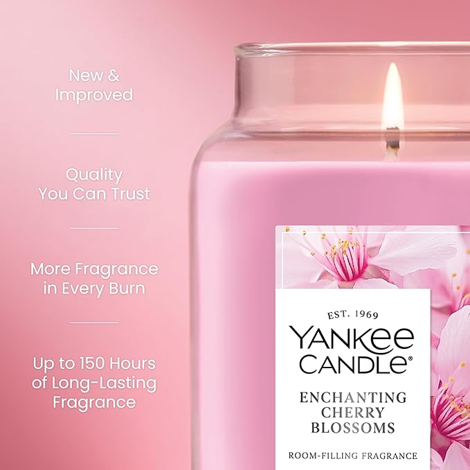 Yankee Candle Enchanted Cherry Blossoms, Scented Candle, 22oz Large Jar with up to 150 Hour Burn Time, Giftable, Holidays