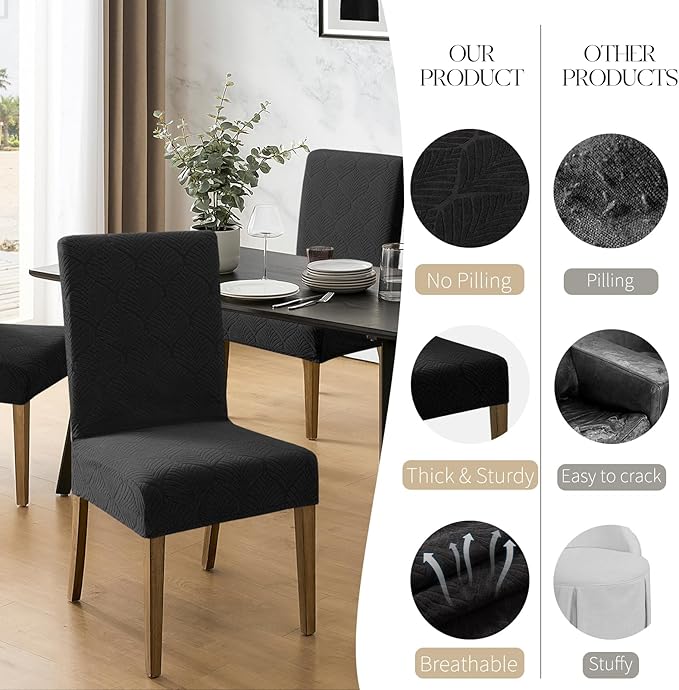 MOSAYT 100% Waterproof Dining Room Chair Covers Set of 6, Super Fit Stretch Jacquard Parson Chairs Slipcovers Removable Washable Chair Seat Protectors for Home, Kitchen, Banquet (Black)