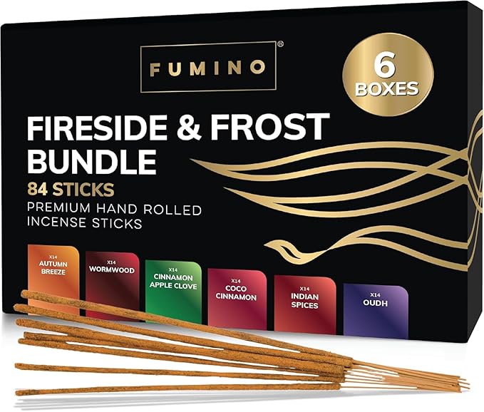 Incense Sticks Fumino Fresh Handmade Multipack Fireside & Frost Bundle 6 Boxes 84 Pieces (3oz) Masala Agarbatti Joss Scent Fragrance for Relaxation and Meditation, Home and House Decor