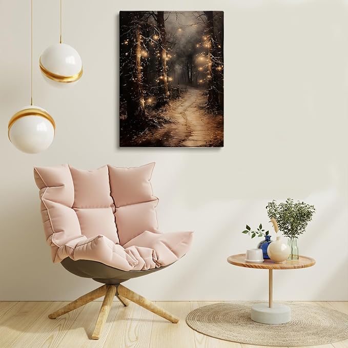 Moody Christmas Path Oil Painting, Whimsical Dark Cottage Core Wall Art, Dark Academia, 12x16in Framed Art for Living Room, Bedroom & Fireplace Decor