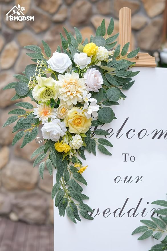 Faux Flowers Wedding Welcome Signs Floral(Pack of 2)，Wedding Arch Flowers for Wedding Decorations and Reception Backdrop Decoration Thanksgiving Halloween Party Decoration (Yellow)