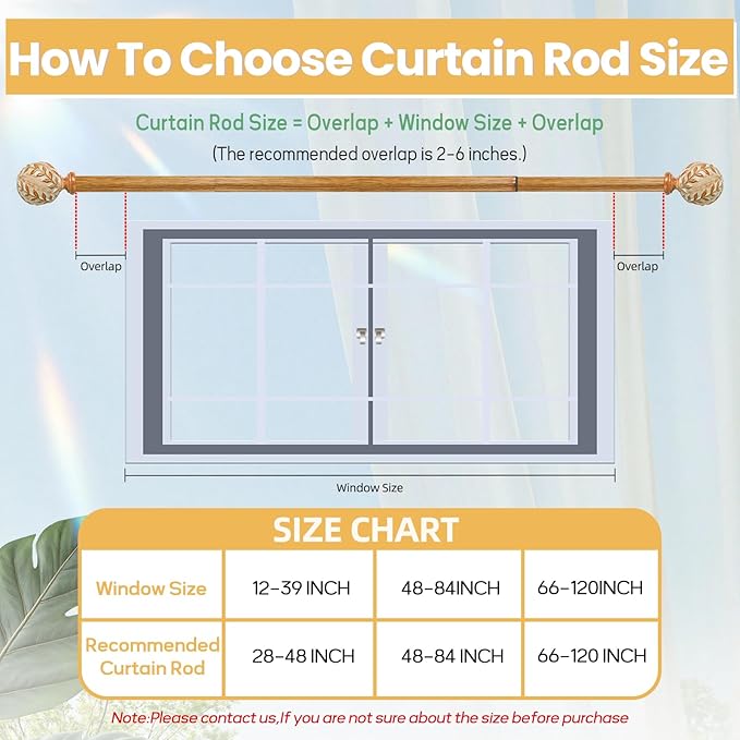 Imitation Wood Grain Curtain Rod for Windows 28 to 48 Inches: 1 Inch Heavy-Duty Adjustable Decorative Curtain Rod With Rustic Leaf Finials for Bedroom & Living Room