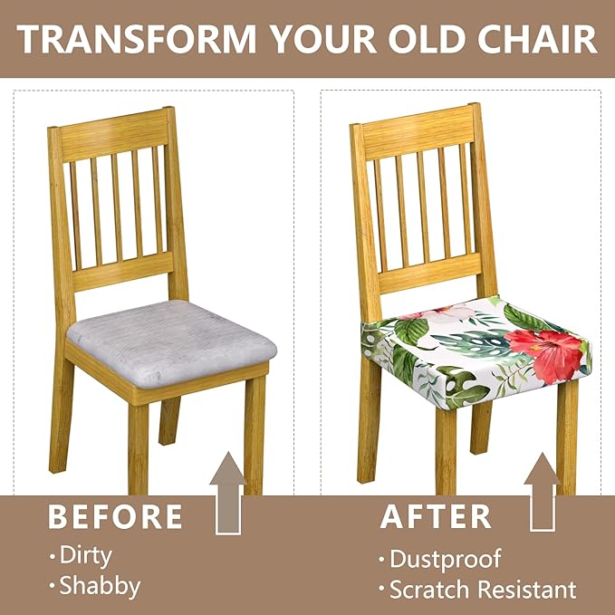 Stretch Dining Chair Seat Covers Set of 6,Dining Chair Slipcovers, Floral Printed Chair Covers,Soft Fabric Washable Upholstered Chair Seat Protector, No Rear Covers for Home Kitchen Dining Room