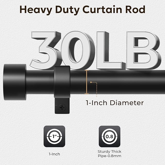 Zeerobee Curtain Rods for Windows 32 to 72, Black Curtain Rod, Adjustable 1 Inch Heavy Duty Outdoor/Indoor Modern Drapery Pole, 32"-72"