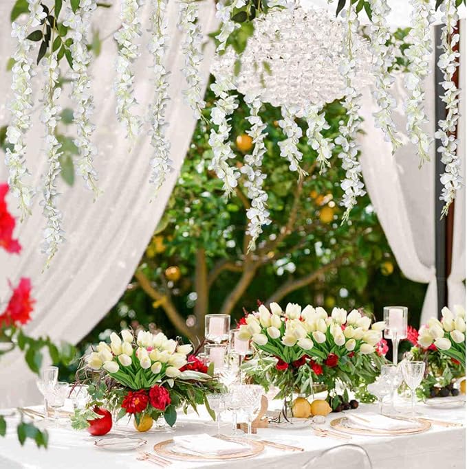 DearHouse 6 Pack Artificial Fake Wisteria Vine Ratta Hanging Garland, 3.75 Feet/Piece Silk Flowers String Home Party Wedding Decor (6PCS-Large White Wisteria)
