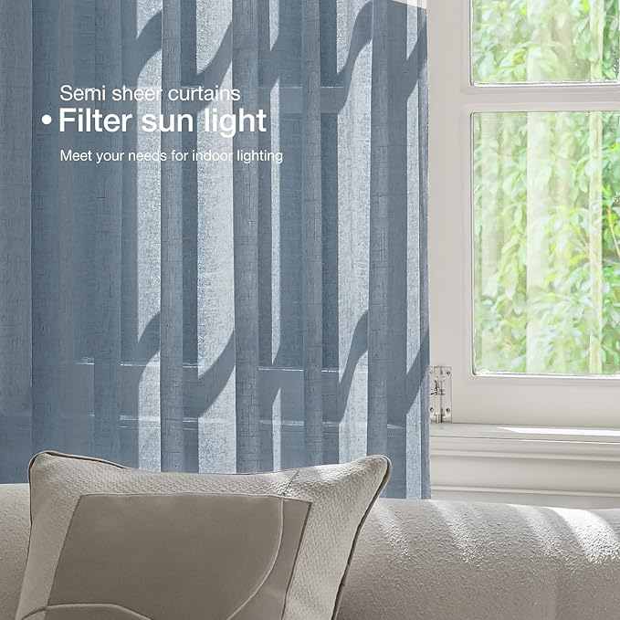 Anmao Natural Linen Curtains for Living Room 102 Inch Length 2 Panels Set, Light Filtering Semi Sheer Window Curtain Drapes for Bedroom with Curtain Rings and Clips, 52 Inch Wide Each Panel, Haze Blue