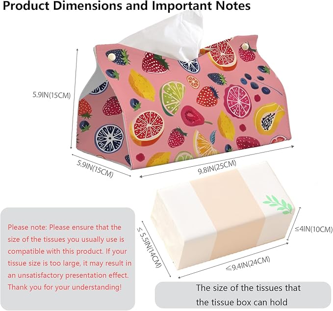 Pink Cute Fruit Tissue Box Cover Rectangle,Pink Cottagecore Strawberry Toilet Paper Box Holder,Leather Decorative Facial Paper Case for Living Room Bathroom Kitchen Office Desk,9.8x5.9x5.9In