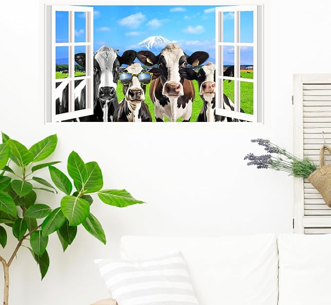 Funny Cow Wall Decals 3D Fake Window Stickers Farmhouse View Wall Decals 3D Peeking Cow Decal Funny Farm Animal Stickers Farmhouse Cow Decal for Living Room Bedroom Decor