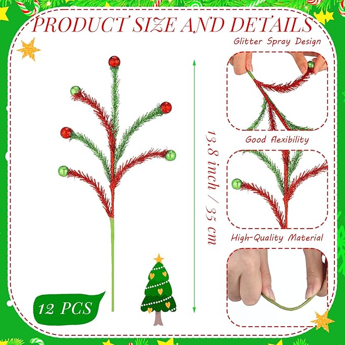 Norme 12 Pcs Red and Green Sparkle Christmas Tree Picks and Spray Christmas Tree Topper Decoration 13.8 Inch Artificial Glitter Curly Pick Stem Branches with Ball for Xmas Vase Filler Wreath Craft