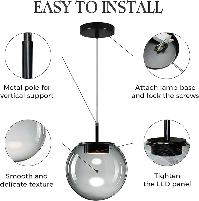 Modern 3CCT Smoke Glass Pendant Light for Kitchen Island with 3.9 FT Adjustable Cord, Modern Minimalist Pendant Lighting Fixtures for Kitchen, Dining Room, Living Room (7.9in, 3-Pack)