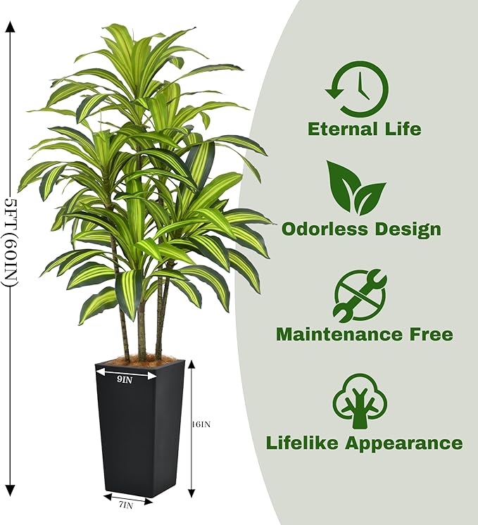 Artificial Dracaena Tree 5FT(60in) Tall Fake Silk Yucca Tree with Black Planter, Faux Floor Potted Artificial Plants for Home Office Living Room Indoor Decor (5feet,Tall Pot)