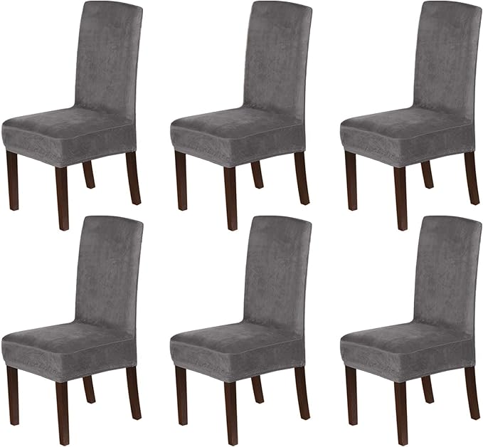 H.VERSAILTEX Velvet Dining Chair Covers Stretch Chair Covers for Dining Room Set of 6 Parson Chair Slipcovers Chair Protectors Covers Dining, Soft Thick Solid Velvet Fabric Washable, Grey