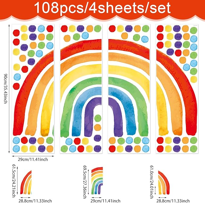 Large Rainbow Wall Decal, Peel and Stick Colourful Rainbows Wall Stickers, Multicolor Polka Dots Wall Decor, Vibrant Rainbow Decoration for Girls Bedroom Kids Nursery Classroom Playroom