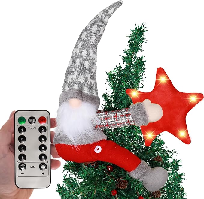 Christmas Tree Topper Gnome Decorations with Lights,21.7 Inches Handmade Embrace Christmas Tree Gnome with Lighted Star，Christmas Home Decor Curtain Tie Wine Bottle Decoration（Grey hat）