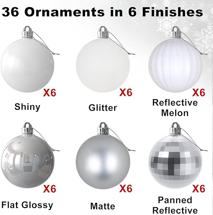 White & Silver 1.6" Small Christmas Balls Christmas Tree Decoration Ornaments Shatterproof Hanging Balls for Birthday Halloween Holiday Wedding Decorations Set of 36pcs