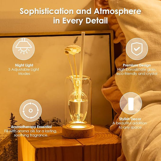 Empty Fragrance Glass Reed Diffuser Bottles with 5pcs Reed Diffuser Sticks,Luminous Base,Decorative Flower Bud Fragrance Accessories Use for DIY Replacement Reed Diffuser Sets,Elliptical