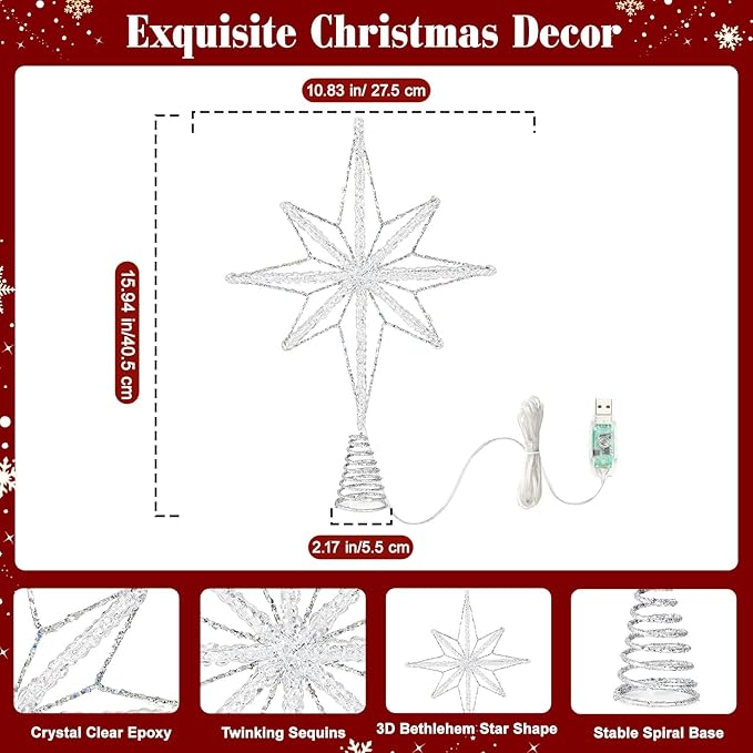 Lewondr Christmas Tree Topper Star, 15.94" Epoxy Bethlehem Star Tree Topper with 20 LED Bulbs, 6 Hrs Timer and 8 Light Modes USB Remote Control, Christmas Treetop Decor for Home Holiday, Silver