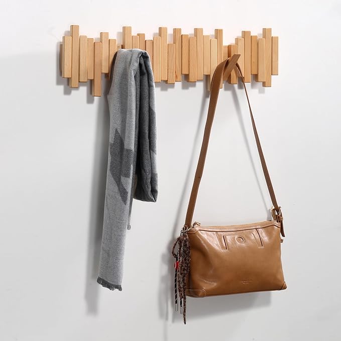 Wooden Coat Rack Wall Mounted Sticks Multi Rack Solid Handmade Natural Beech Wood Artwork with 5 Flip-Down Unique Modern Hooks for Coats Bag Hat Umbrella