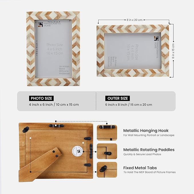 Handicrafts Home Chevron Mosaic Picture Frame– Handmade Bone Inlay 4 by 6 Photo Frame for Tabletop & Wall Decor, Home Decor, Boho Chic Coastal Farmhouse Frame, Colorful Desk & Shelf Decor- Brown White