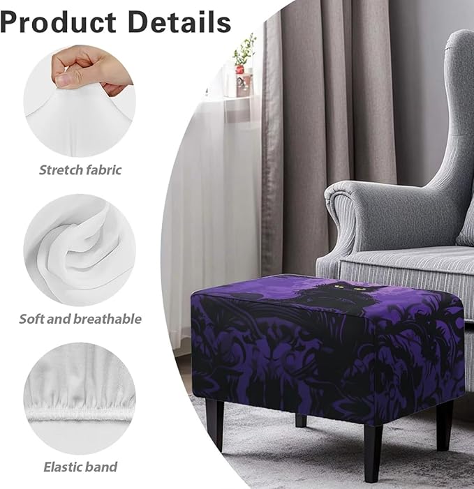 Rectangle Ottoman Cover Black Cat Ultra Stretch Small Ottoman Slipcover with Elastic Band Washable Foot Stool Covers Furniture Protector for Hlloween Home Decor Size L