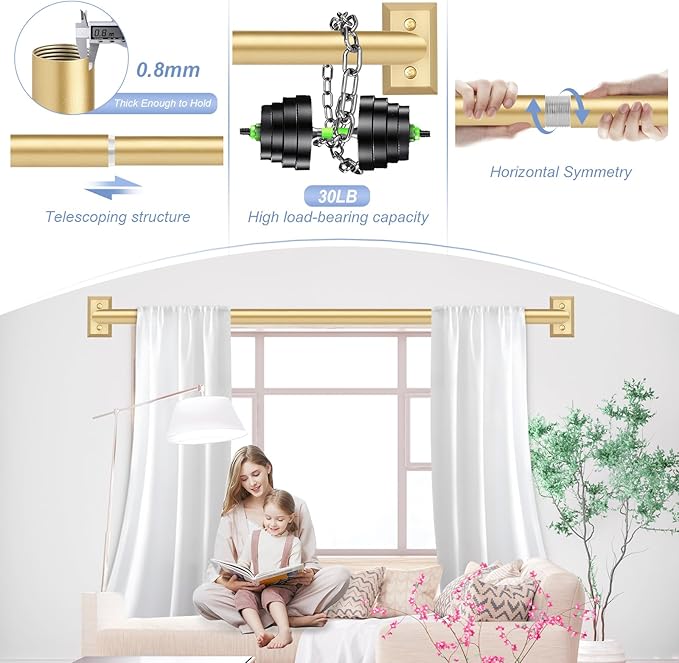 Gold Wrap Around Curtain Rods for Windows 28 to 48:Blackout Heavy Duty Adjustable Curtain Rod Room Darkening 1 Inch Modern Industrial Curved French Return Drapery Rods Easy Install Brass Gold