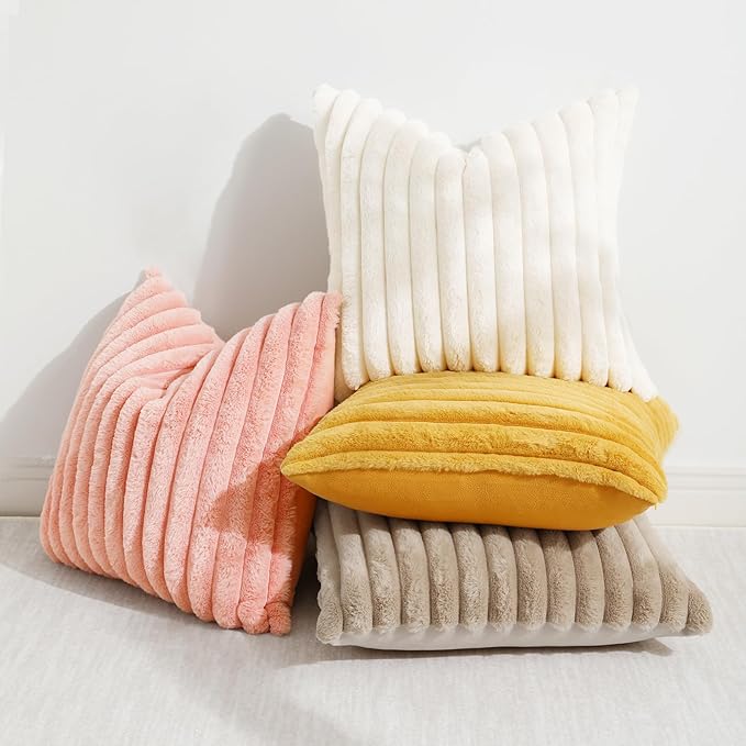 decorUhome Faux Fur Christmas Throw Pillow Covers 22x22 Set of 2, Decorative Soft Plush Striped Neutral Couch Euro Pillow Covers with Velvet Back for Sofa, Bed, Living Room Home Decor, Blush Pink