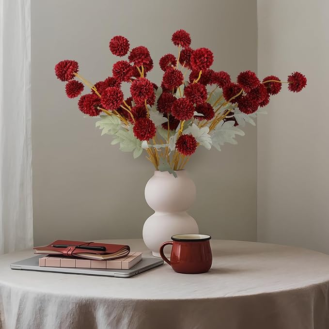 Hananona 12 Pcs Artificial Chrysanthemum Flowers, Red Kiku Pom Pom Mums Flower BurgundyFaux Floral Arrangements Wedding Centerpiece for Fall Autumn Home Kitchen Decor (12, Burgundy)