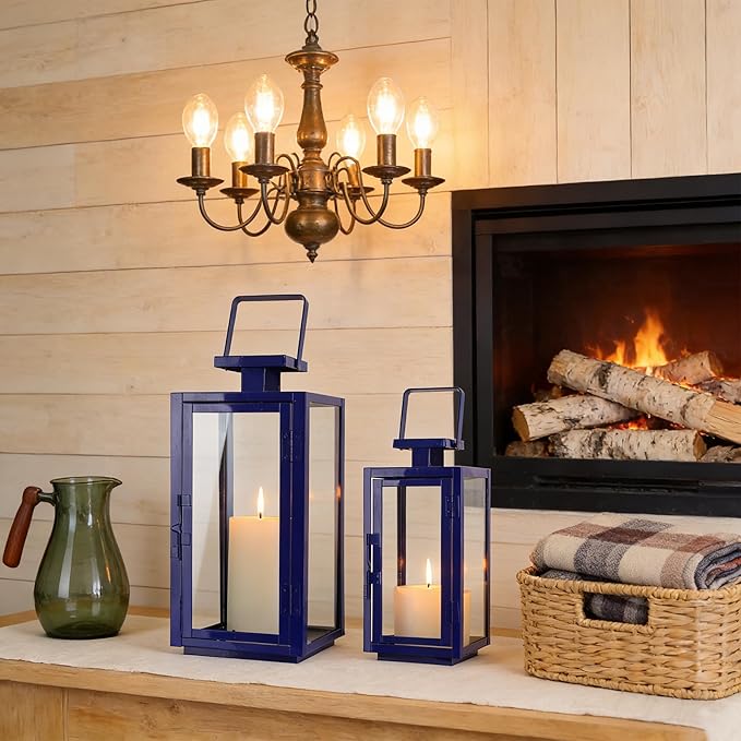 DECORKEY Christmas Lanterns Decorative Outdoor&Indoor, 17''&13'' Set of 2 Xmas Blue Lanterns Decorations for Home, Modern Hanging/Tabletop Candle Holders for Christmas Front Door Porch Patio Decor