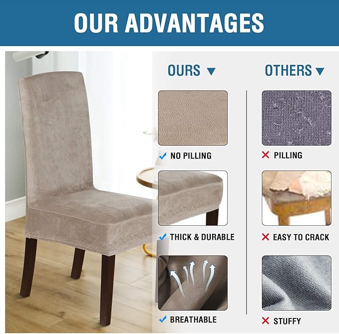 H.VERSAILTEX Velvet Dining Chair Covers Stretch Chair Covers for Dining Room Set of 2 Parson Chair Slipcovers Chair Protectors Covers Dining, Soft Thick Solid Velvet Fabric Washable, Taupe