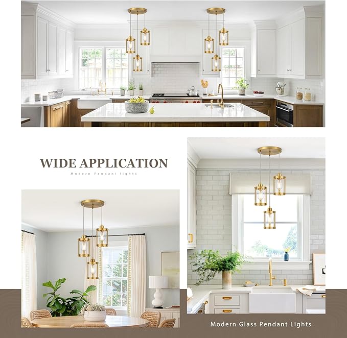 3-Light Pendant Lighting, Brushed Gold Dining Room Chandelier Light Fixture Over Table with Clear Glass, Modern Cluster Hanging Lights for Kitchen Island Sink, OS-3014-3BG