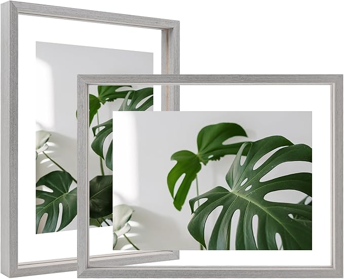Egofine 9x12 Floating Frames Set of 2, Double Plexiglass Picture Frame, Made of Solid Wood Display Any Size Photo up to 9x12, Wall Mount or Tabletop Standing, Light Grey