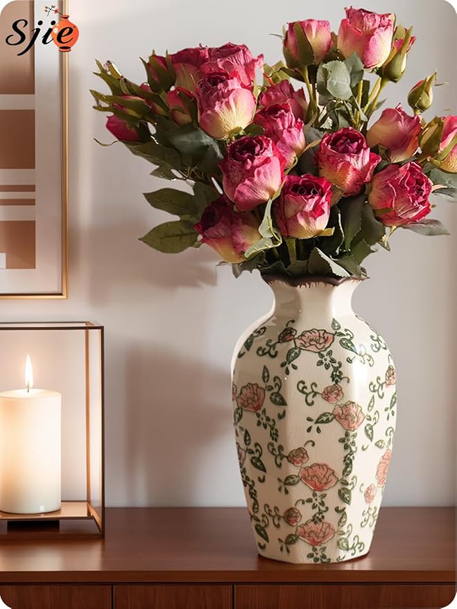 Vintage Ceramic Vase - 9 Inch Hand-Painted Roses with Ice Crackle Glaze Finish, American Farmhouse Style Pitcher Vase for Home Decor, Centerpiece, Shelf, Table, Office, Rustic Wedding Gift