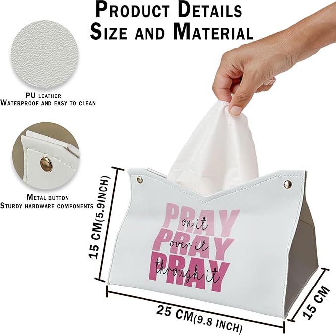 Bible Christian Tissue Box Cover Rectangle, Pink Prayer Decor Tissue Box Holder, Pray Over it Pray Through it Religious Facial Paper Case, Scripture Church Gifts for Women Home 9.8x5.9x5.9