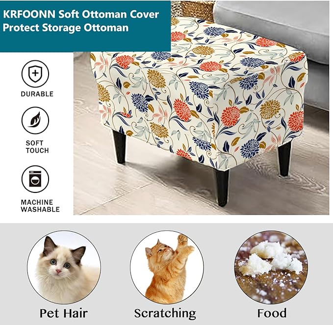 KRFOONN Stretch Ottoman Cover Slipcovers Rectangle Fit Length 39"-47" Footrest Stool Covers Printed Ottoman Cover for Foot Stool Furniture Protector with Non Slip Elastic Bottom, Color 14
